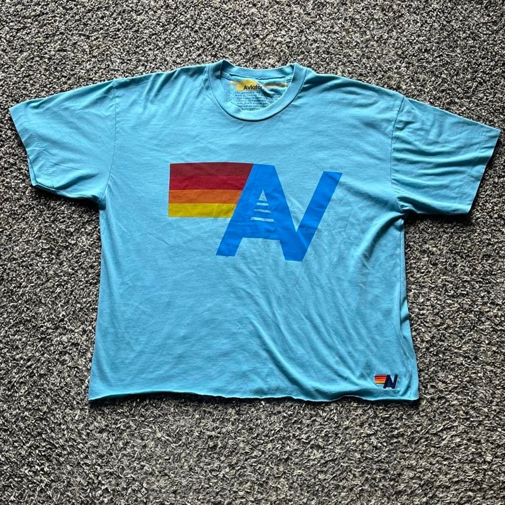 Aviator Nation Blue Graphic T-Shirt Red Orange Yellow Stripes Women L Cropped